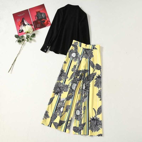 women's two piece pants pant suits spring summer 2 female garment long sleeve black shirts + floral print leg yellow pants combined 9ul, White
women's two piece pants pant suits spring summer 2 female garment long sleeve black shirts + floral print leg yellow pants combined 9ul, White