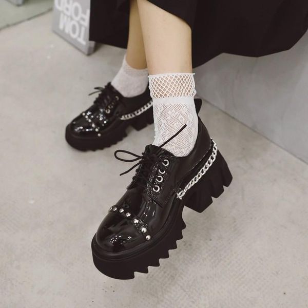 dress shoes 2021 autumn british style gear thick bottom chain small leather women's round head lace up muffin single fashion, Black
dress shoes 2021 autumn british style gear thick bottom chain small leather women's round head lace up muffin single fashion, Black