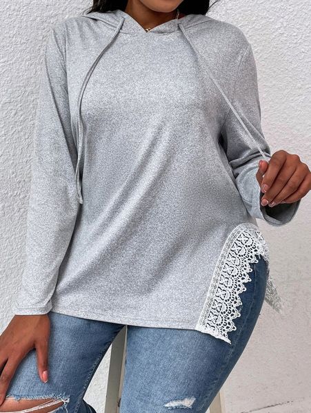 plus guipure lace trim split hem drawstring hoodie g0e8#, Black
plus guipure lace trim split hem drawstring hoodie g0e8#, Black