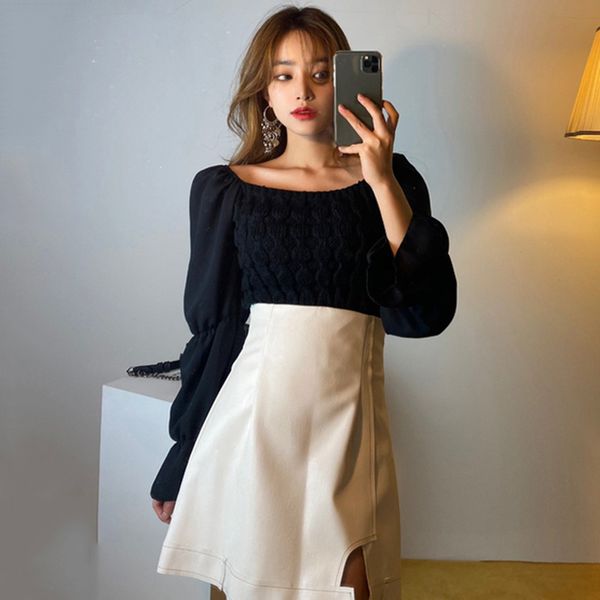 puff sleeve chiffon stitching knit pullovers ladies korean korea chic retro square neck slim sweaters for women 210506, White;black
puff sleeve chiffon stitching knit pullovers ladies korean korea chic retro square neck slim sweaters for women 210506, White;black