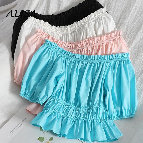 women's blouses & shirts summer women off the shoulder fold ruffles crop korean woman solid short blouse corset top, White
women's blouses & shirts summer women off the shoulder fold ruffles crop korean woman solid short blouse corset top, White