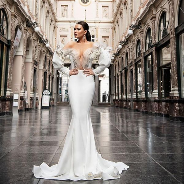 mermaid evening dress off the shoulder long sleeve satin prom gowns sheer deep v neck crystal second reception dresses, Black;red
mermaid evening dress off the shoulder long sleeve satin prom gowns sheer deep v neck crystal second reception dresses, Black;red
