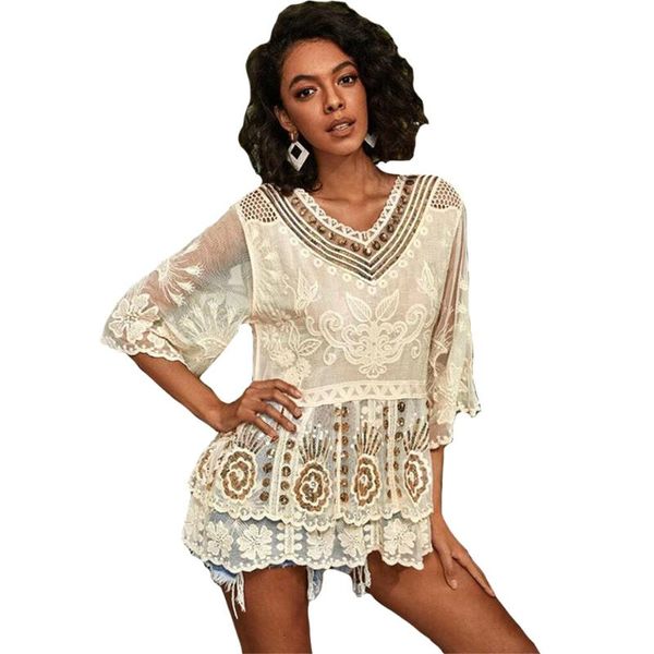 women's blouses & shirts sequin floral embroidery lace blouse shirt women cover up beach wear bohemia v-neck cotton ruffles summer femm, White
women's blouses & shirts sequin floral embroidery lace blouse shirt women cover up beach wear bohemia v-neck cotton ruffles summer femm, White