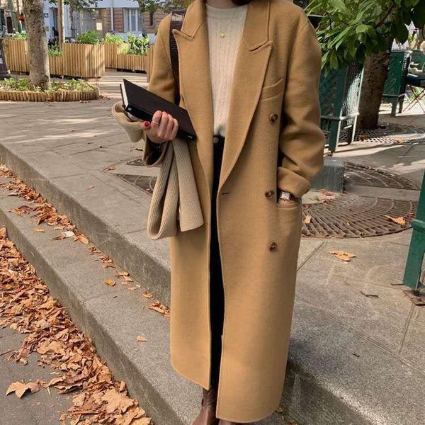 women's wool & blends double side hand sewn woolen overcoat middle length 2021 autumn winter camel color women, Black
women's wool & blends double side hand sewn woolen overcoat middle length 2021 autumn winter camel color women, Black
