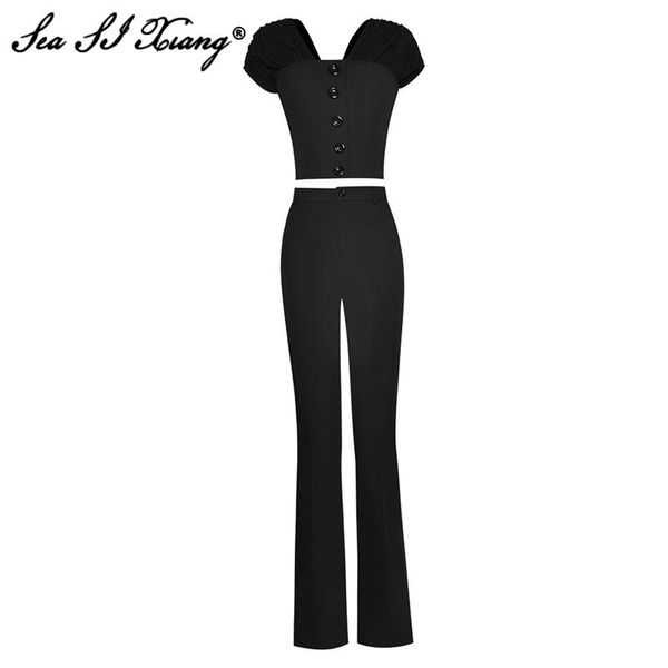 women's two piece pants seasixiang fashion designer summer black suit v-neck puff sleeve short + long pieces set, White
women's two piece pants seasixiang fashion designer summer black suit v-neck puff sleeve short + long pieces set, White