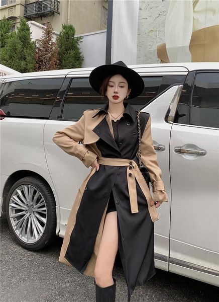 women's trench coats medium length contrast color fake two piece windbreaker coat female s178, Tan;black
women's trench coats medium length contrast color fake two piece windbreaker coat female s178, Tan;black