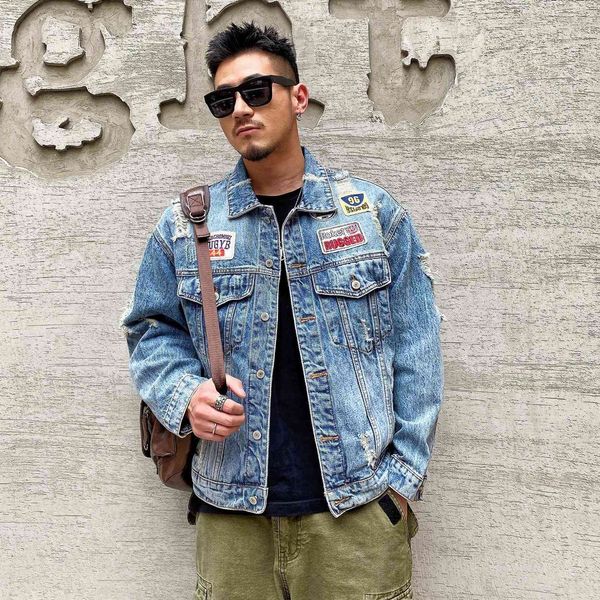 men's jackets american street style fashion retro blue casual ripped denim jacket patches designer hip hop cotton punk coats v2ye, Black;brown
men's jackets american street style fashion retro blue casual ripped denim jacket patches designer hip hop cotton punk coats v2ye, Black;brown