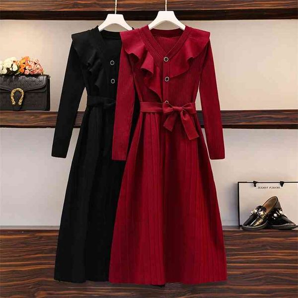 plus size s-4xl knitted dress fall winter v-neck ruffled trim long sleeve solid pleated sweater women 210602, Black;gray
plus size s-4xl knitted dress fall winter v-neck ruffled trim long sleeve solid pleated sweater women 210602, Black;gray