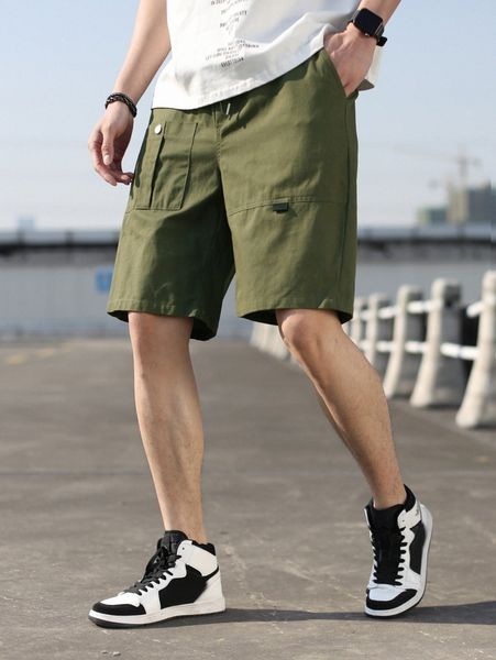 men drawstring waist slant pocket shorts y7bn#, Black