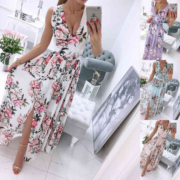 women's dresses 2021# chiffon printing long skirt split, Black;gray