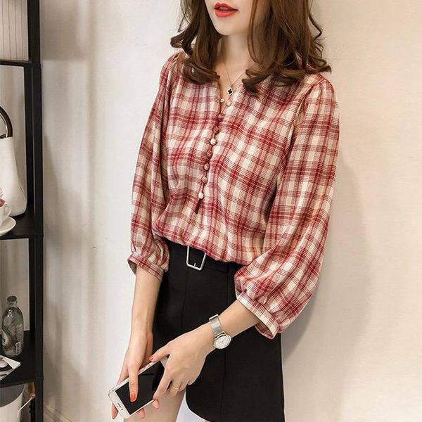 women's blouses & shirts women 2021 all-match korean style elegant large size loose plaid womens v-neck fashion lantern sleeve ladies c, White
women's blouses & shirts women 2021 all-match korean style elegant large size loose plaid womens v-neck fashion lantern sleeve ladies c, White