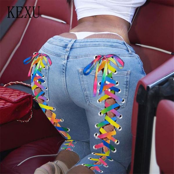 big size xl-5xl women jeans rainbow colour criss-cross lace up hole sheath elastic high waist long pencil denim pants women's, Blue
big size xl-5xl women jeans rainbow colour criss-cross lace up hole sheath elastic high waist long pencil denim pants women's, Blue