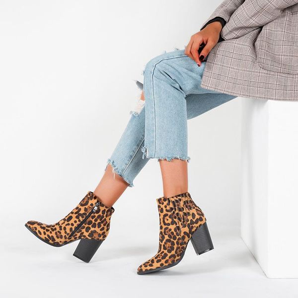 boots leopard print short women high heel fashion thick side zipper, Black