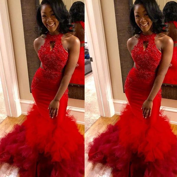 red mermaid beaded prom dresses halter neck keyhole african backless evening gowns lace appliques beading plus size sweep train ruffles tier, Black
red mermaid beaded prom dresses halter neck keyhole african backless evening gowns lace appliques beading plus size sweep train ruffles tier, Black