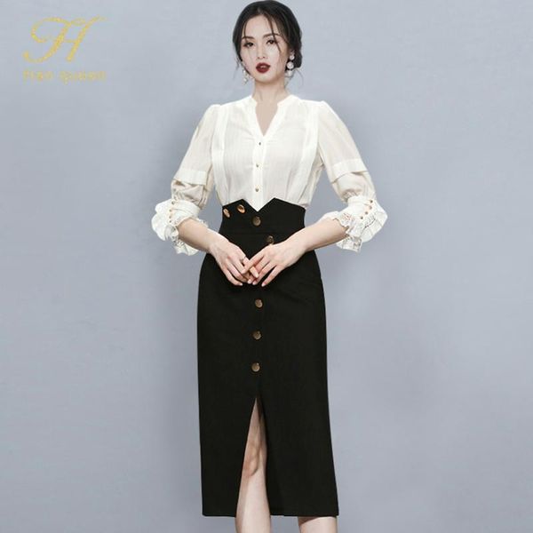 two piece dress h han queen 2 pieces set simple v-neck lantern sleeve stripes blouses + high waist single-breasted pencil skirts lady suit, White
two piece dress h han queen 2 pieces set simple v-neck lantern sleeve stripes blouses + high waist single-breasted pencil skirts lady suit, White