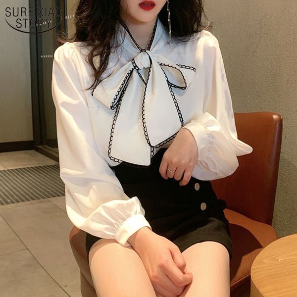 spring and autumn vintage women blouse bow collar lantern long sleeve shirts solid single breasted female blusas 12983 210508, White 
spring and autumn vintage women blouse bow collar lantern long sleeve shirts solid single breasted female blusas 12983 210508, White