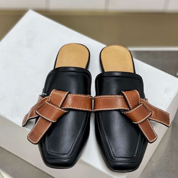 slippers sandals loe bow muller women wear baotou leather surface flat bottom afraid of lazy people square head comfortable half, Black 
slippers sandals loe bow muller women wear baotou leather surface flat bottom afraid of lazy people square head comfortable half, Black