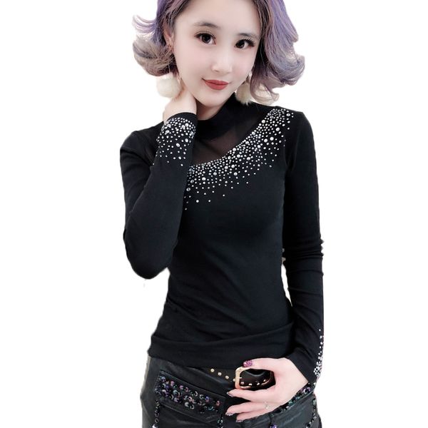women's t-shirt fashion patchwork transparent mesh diamonds tshirt turtleneck autumn winter long sleeve camiseta mujer t9, White
women's t-shirt fashion patchwork transparent mesh diamonds tshirt turtleneck autumn winter long sleeve camiseta mujer t9, White