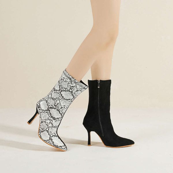 color matching stiletto fashion boots pointed snake high heels side zipper middle tube women's boots, Black
color matching stiletto fashion boots pointed snake high heels side zipper middle tube women's boots, Black