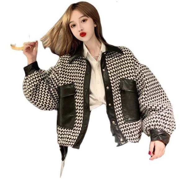 short coat women's autumn and winter 2021 thousand bird check stitched leather versatile small et, Black;brown
short coat women's autumn and winter 2021 thousand bird check stitched leather versatile small et, Black;brown