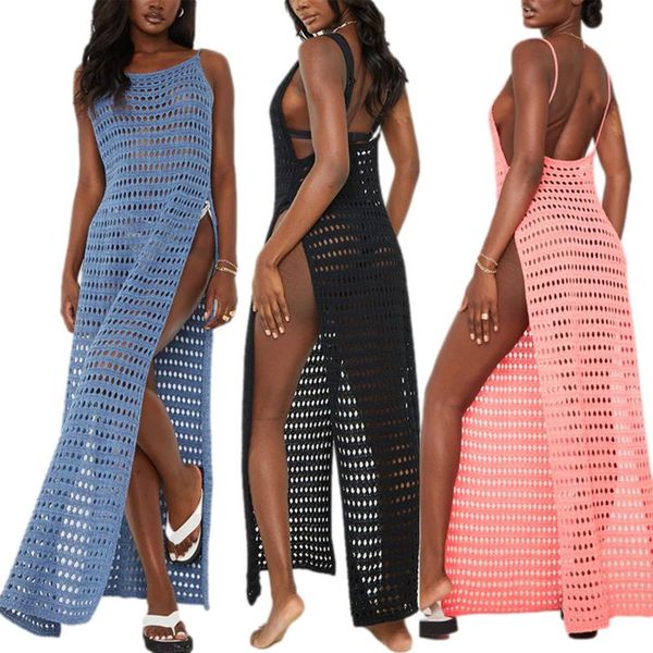 women's swimwear dress hollow out long summer sleeveless crochet high split swimsuit cover up, White;black
women's swimwear dress hollow out long summer sleeveless crochet high split swimsuit cover up, White;black