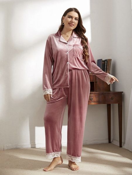 plus lace trim contrast piping velvet pj set 60ka#, Black;white 
plus lace trim contrast piping velvet pj set 60ka#, Black;white
