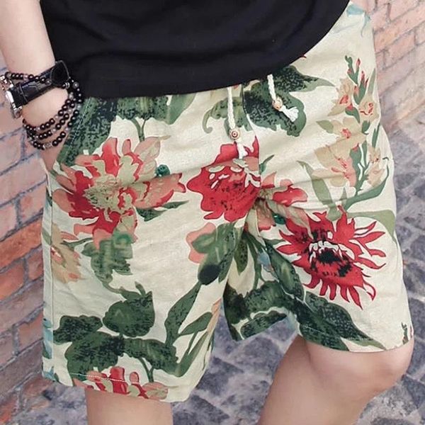 men's shorts vintage print men cotton linen casual loose drawstring beach ventilation short pant for male summer 2021, White;black 
men's shorts vintage print men cotton linen casual loose drawstring beach ventilation short pant for male summer 2021, White;black