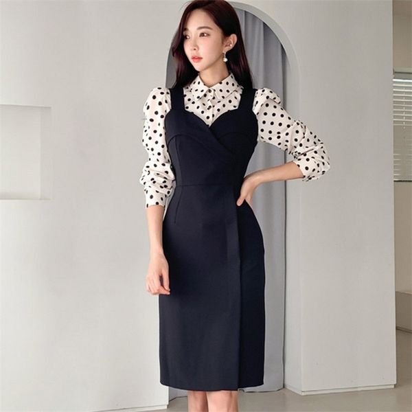 spring women 2 piece set dress fashion office ladies white dot shirt + black halter bodycon pencil 210519
spring women 2 piece set dress fashion office ladies white dot shirt + black halter bodycon pencil 210519