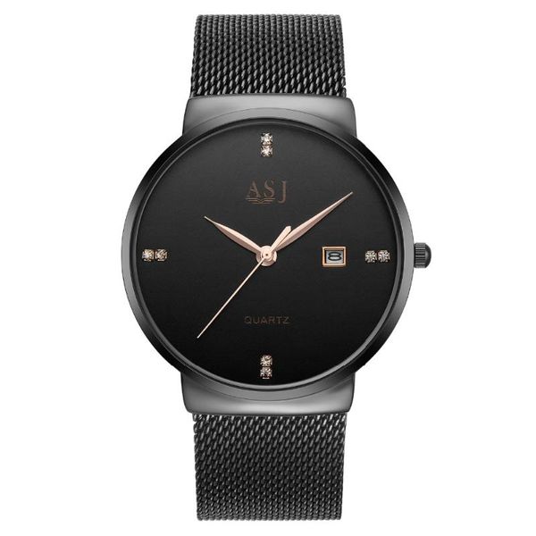 

wristwatches 2021 asj men's watches business watch black quartz wristwatch waterproof steel milanese strap calendar thin clock, Slivery;brown