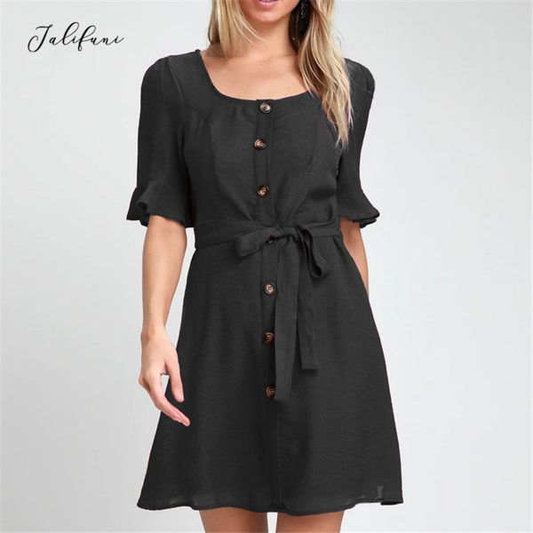 o neck women lotus leaf sleeve dress summer casual elegant bow strap sundress buttons mini beach dresses female vestidos 210415, Black;gray
o neck women lotus leaf sleeve dress summer casual elegant bow strap sundress buttons mini beach dresses female vestidos 210415, Black;gray