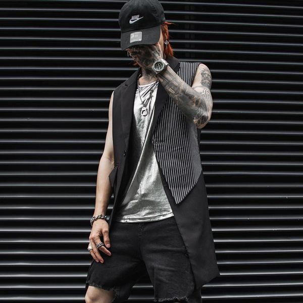men's trench coats summer spring punk rock sleeveless coat men extra long black slim fit patchwork dj stage clothing 2021, Tan;black
men's trench coats summer spring punk rock sleeveless coat men extra long black slim fit patchwork dj stage clothing 2021, Tan;black