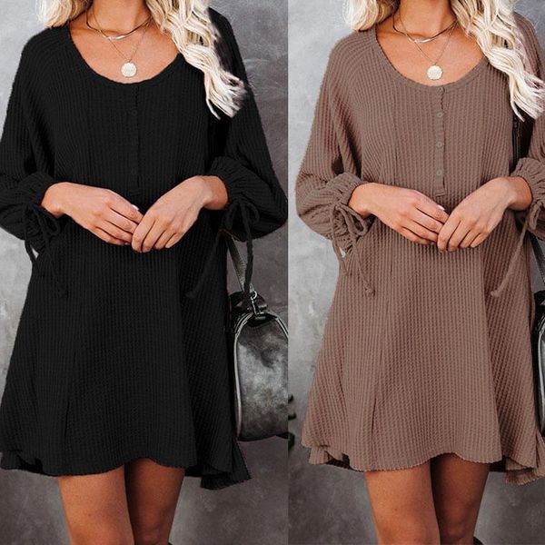 women's knitted bishop sleeve ruffle hem button drawstring mini dress round neck solid leisure pullover femme lounge robe spring casual, Black;gray
women's knitted bishop sleeve ruffle hem button drawstring mini dress round neck solid leisure pullover femme lounge robe spring casual, Black;gray