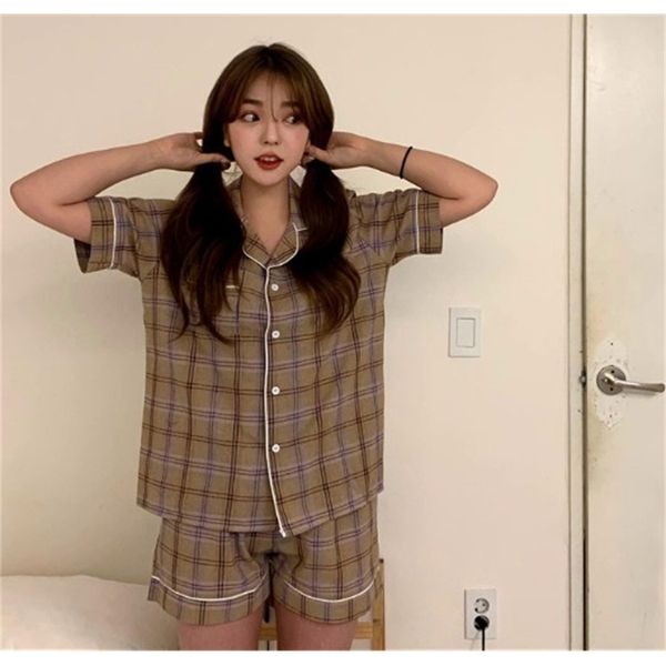 women's sleepwear pijama mujer korean student's sleepwear casual plaid two piece pajamas set short sleeve shorts pijamas cute pyja, Black;red
women's sleepwear pijama mujer korean student's sleepwear casual plaid two piece pajamas set short sleeve shorts pijamas cute pyja, Black;red
