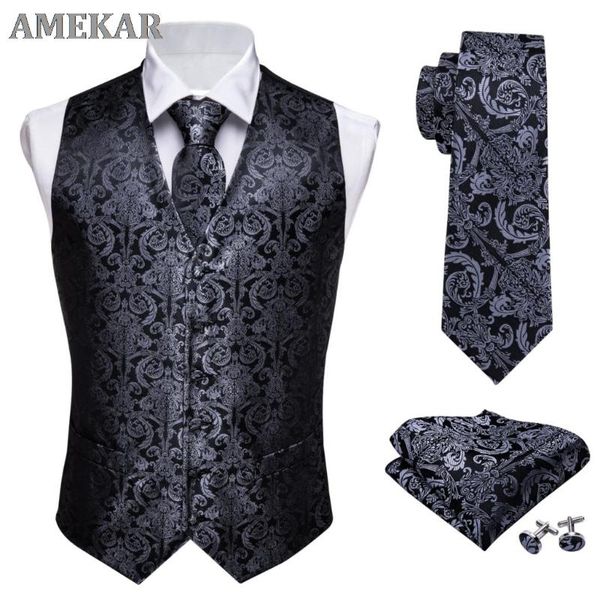 men's vests designer mens classic black paisley jacquard folral silk waistcoat handkerchief tie vest suit pocket square set, Black;white
men's vests designer mens classic black paisley jacquard folral silk waistcoat handkerchief tie vest suit pocket square set, Black;white