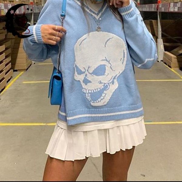 women's sweaters y2k blue skeleton pattern pullovers knitwear women loose v-neck oversize knitted jumper e-girl chic streetwear, White;black
women's sweaters y2k blue skeleton pattern pullovers knitwear women loose v-neck oversize knitted jumper e-girl chic streetwear, White;black