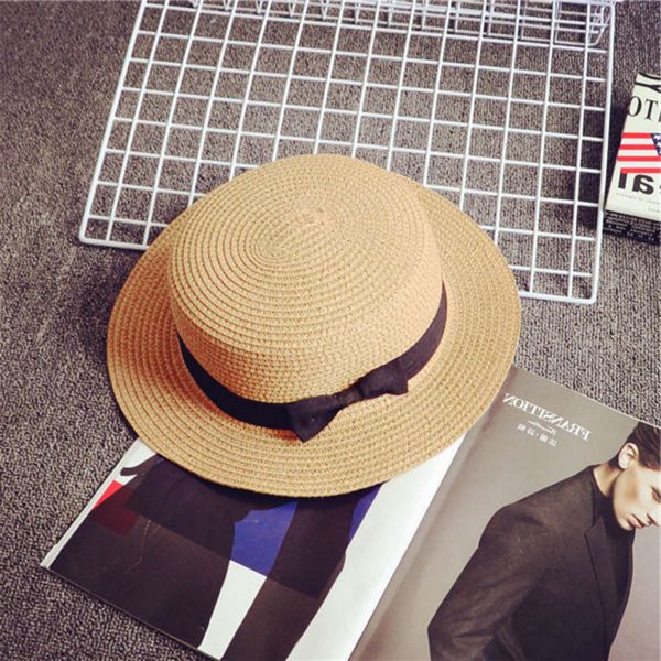 bow flat straw parent child summer sun hat for adults and children, Yellow 
bow flat straw parent child summer sun hat for adults and children, Yellow