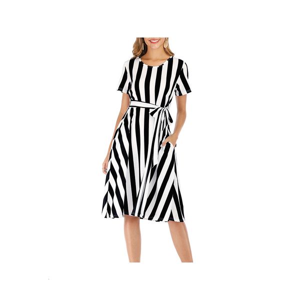 around the neck short sleeve striped lace up pocket fashion big swing dress female spring and summer, Black;gray
around the neck short sleeve striped lace up pocket fashion big swing dress female spring and summer, Black;gray