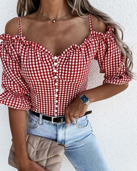 women's blouses & shirts summer women cold shoulder plaid print frill hem 2021 femme elegant boho strap button front blouse office lady, White
women's blouses & shirts summer women cold shoulder plaid print frill hem 2021 femme elegant boho strap button front blouse office lady, White