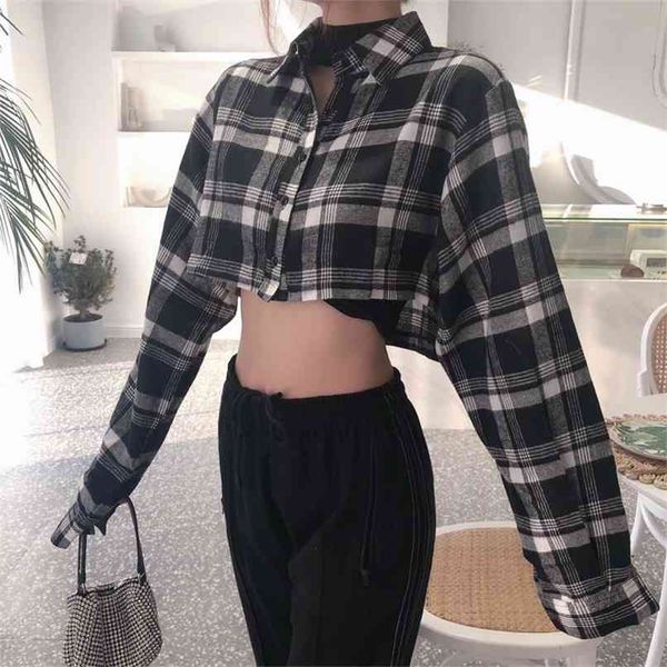 spring and summer women's shirt casual plaid lapel long sleeve short 210430, White