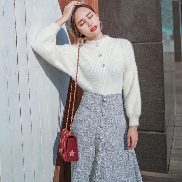 women's two piece pants winter elegant pearls women 2 pieces set puff sleeve knitted sweater & high waist a-line skirt female suits 202, White
women's two piece pants winter elegant pearls women 2 pieces set puff sleeve knitted sweater & high waist a-line skirt female suits 202, White