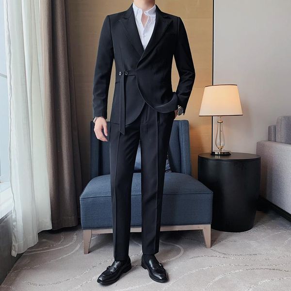men's suits & blazers 2pieces fashion belt design suit men clothing simple back mid spilt slim fit casual wedding dress jacket+pants, White;black
men's suits & blazers 2pieces fashion belt design suit men clothing simple back mid spilt slim fit casual wedding dress jacket+pants, White;black