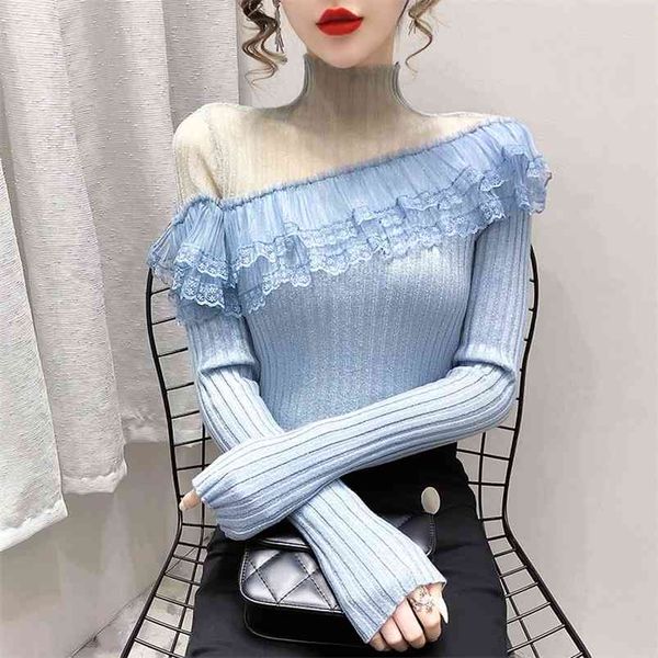 spring ruffled mesh stitching sweater women's half high neck slim inner base shirt c683 210506, White
spring ruffled mesh stitching sweater women's half high neck slim inner base shirt c683 210506, White