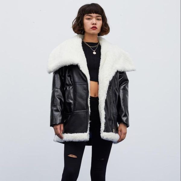 women's leather & faux fashion warm lambswool lining pu jackets female locomotive style oversized thicker windproof cotton f604, Black
women's leather & faux fashion warm lambswool lining pu jackets female locomotive style oversized thicker windproof cotton f604, Black