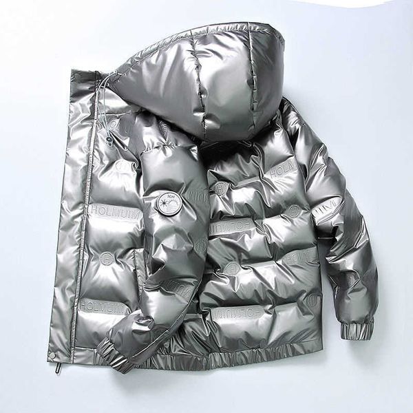 men's duck down hooded jacket, fashionable, warm, bright, winter, Black
