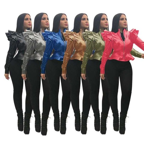 women ruffles shoulder flounce long sleeve zip up open faux leather pu jackets fashion lady coats black s-2xl gla5043 211213
women ruffles shoulder flounce long sleeve zip up open faux leather pu jackets fashion lady coats black s-2xl gla5043 211213