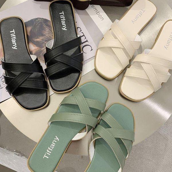 slippers slipper women's retro cross open toe flat sandals woven home shoes women, Black