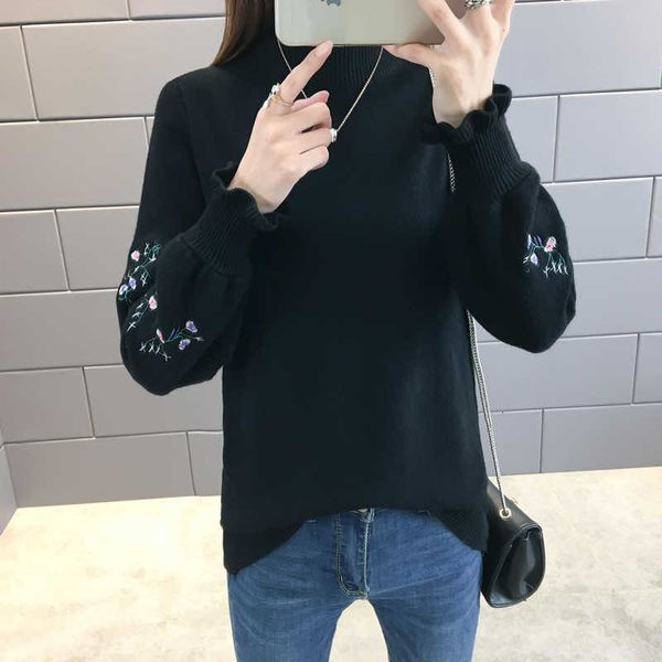 women's sweaters autumn embroidery knitted sweater pullover women half turtleneck fashion ruffle long sleeve clothes loose bo 2f4z, White;black
women's sweaters autumn embroidery knitted sweater pullover women half turtleneck fashion ruffle long sleeve clothes loose bo 2f4z, White;black