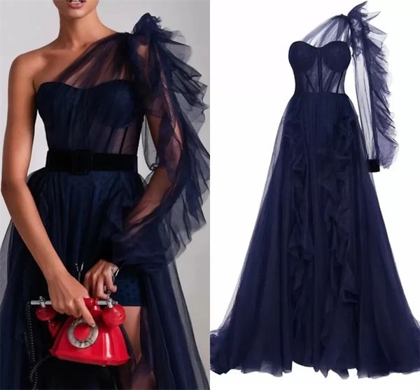 dark navy evening dress one shoulder long sleeve ruffles tulle prom gowns formal party wear robe de soiree custom made, Black;red
dark navy evening dress one shoulder long sleeve ruffles tulle prom gowns formal party wear robe de soiree custom made, Black;red