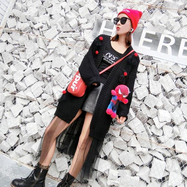 women's sweaters thailand tide brand 2021 autumn personality stitching mesh knit cardigan long loose ladies sweater coat, White;black
women's sweaters thailand tide brand 2021 autumn personality stitching mesh knit cardigan long loose ladies sweater coat, White;black