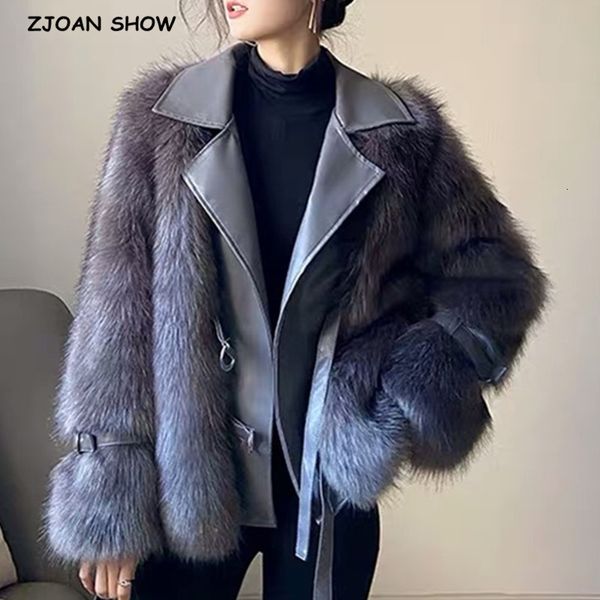 women's wool & blends keep warm winter notched neck pu spliced faux fox fur jackets vintage buckle belt furry vest coat long hairy, Black
women's wool & blends keep warm winter notched neck pu spliced faux fox fur jackets vintage buckle belt furry vest coat long hairy, Black